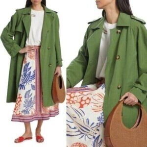 NWT Farm Rio Double Breasted Green Cotton Blend Trench Coat Size S